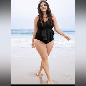 NWT Solid black ruffle tier swimsuit l size 22/24🌸🌺🌹BSL #6